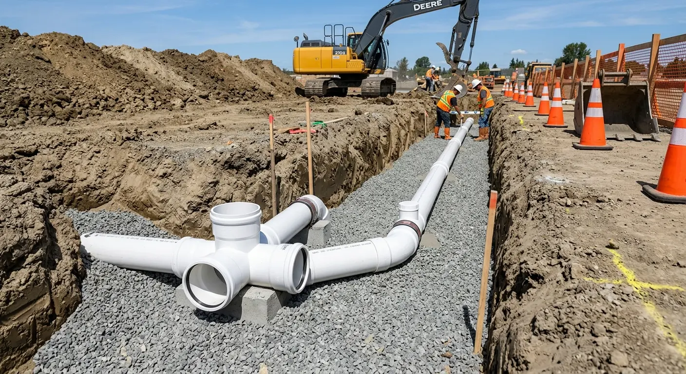 New PVC sewer pipe installation in open trench for Grease Trap Cleaning in Springfield